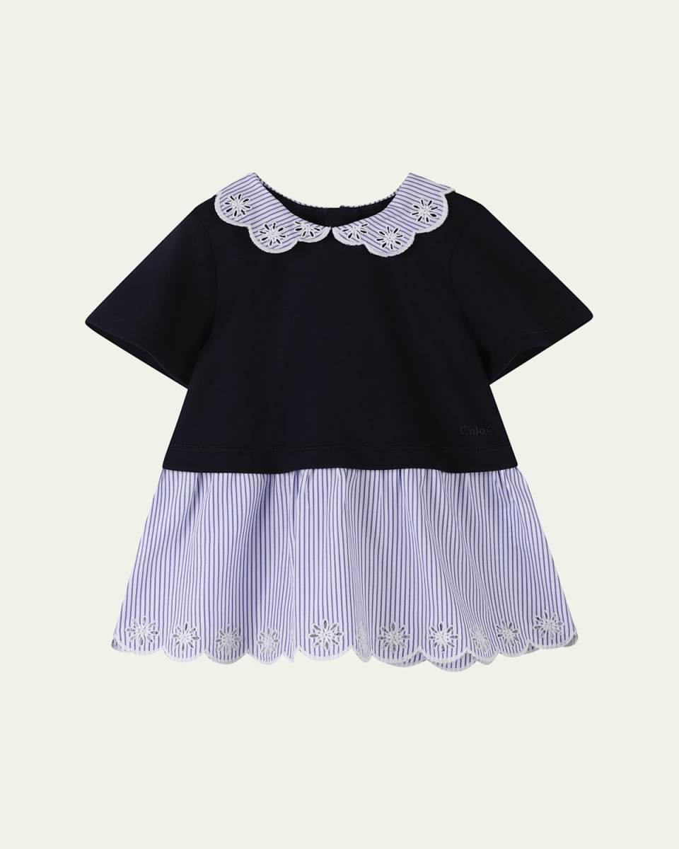Girl's Short-Sleeve Embroidered Combo Dress, Size 12M-3